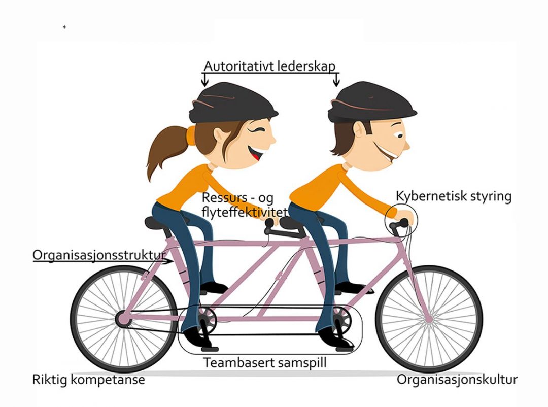 Organisasjonsmodellen viser to som sykler på en sykkel med fokus på syv viktige områder